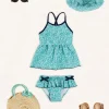 Lookbooks | Pepa London Adelaide Floral Bow Detail Two Piece Swimsuit in Green (2-10yrs) | Adelaide Floral Beach Hat in Green (S-M) | Adelaide Floral Detail Raffia Bag in Green | Leather Buckle Detail Sandals in Camel (24-34EU)