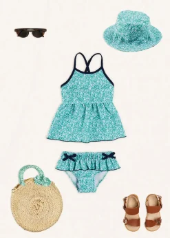 Lookbooks | Pepa London Adelaide Floral Bow Detail Two Piece Swimsuit in Green (2-10yrs) | Adelaide Floral Beach Hat in Green (S-M) | Open Toe Leather Sandals in Brown (17-30EU) | Adelaide Floral Detail Raffia Bag in Green