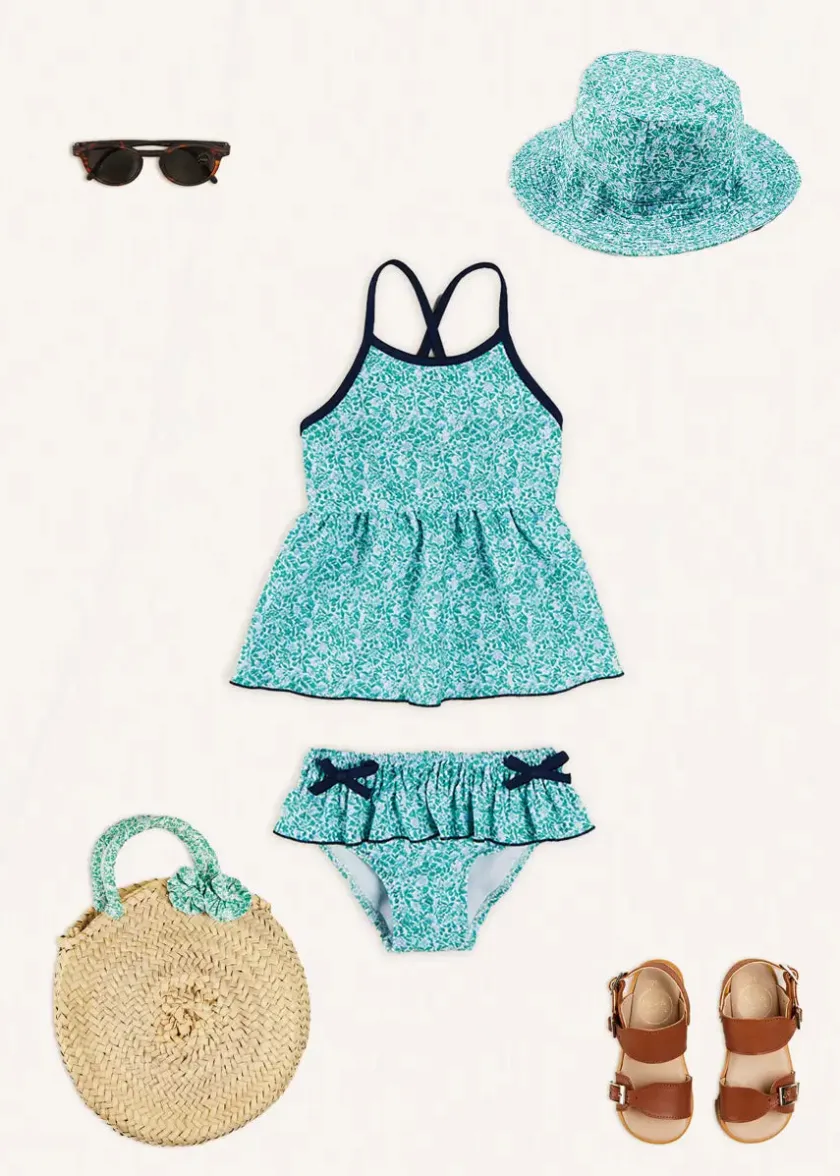 Lookbooks | Pepa London Adelaide Floral Bow Detail Two Piece Swimsuit in Green (2-10yrs) | Adelaide Floral Beach Hat in Green (S-M) | Open Toe Leather Sandals in Brown (17-30EU) | Adelaide Floral Detail Raffia Bag in Green