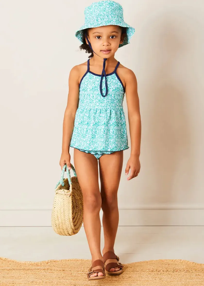 Lookbooks | Pepa London Adelaide Floral Bow Detail Two Piece Swimsuit in Green (2-10yrs) | Adelaide Floral Beach Hat in Green (S-M) | Open Toe Leather Sandals in Brown (17-30EU) | Adelaide Floral Detail Raffia Bag in Green
