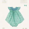 Lookbooks | Pepa London Adelaide Floral Hand Smocked Sleeveless Dress With Bloomers in Green (3mths-3yrs) | Openwork Cotton Cardigan in Cream (6mths-10yrs) | Leather Mary Jane Pram Shoes in Ivory (17-20EU) | Adelaide Floral Small Bow Hair Clip in Green | Openwork short socks White (0mths-8yrs) | Flower Fairies of the Spring Book in White
