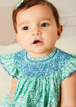 Lookbooks | Pepa London Adelaide Floral Hand Smocked Sleeveless Dress With Bloomers in Green (3mths-3yrs) | Openwork Cotton Cardigan in Cream (6mths-10yrs) | Leather Mary Jane Pram Shoes in Ivory (17-20EU) | Adelaide Floral Small Bow Hair Clip in Green | Openwork short socks White (0mths-8yrs) | Flower Fairies of the Spring Book in White