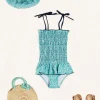 Lookbooks | Pepa London Adelaide Floral Smock Detail Swimsuit in Green (2-10yrs) | Adelaide Floral Beach Hat in Green (S-M) | Adelaide Floral Detail Raffia Bag in Green | Leather Buckle Detail Sandals in Camel (24-34EU)