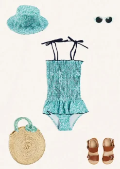Lookbooks | Pepa London Adelaide Floral Smock Detail Swimsuit in Green (2-10yrs) | Adelaide Floral Beach Hat in Green (S-M) | Adelaide Floral Detail Raffia Bag in Green | Leather Buckle Detail Sandals in Camel (24-34EU)