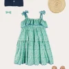 Lookbooks | Pepa London Adelaide Floral Tiered Tie Strap Dress in Green (4-12yrs) | Plain Cardigan in Navy (6mths-10yrs) | Metallic Strappy Leather Sandals in Gold (24-35EU) | Adelaide Floral Detail Raffia Bag in Green | Adelaide Floral Small Bow Hair Clip in Green