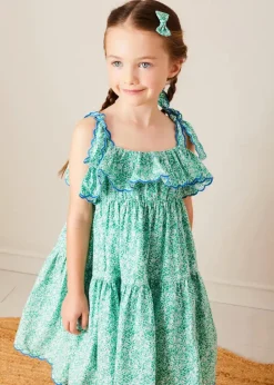 Lookbooks | Pepa London Adelaide Floral Tiered Tie Strap Dress in Green (4-12yrs) | Plain Cardigan in Navy (6mths-10yrs) | Metallic Strappy Leather Sandals in Gold (24-35EU) | Adelaide Floral Detail Raffia Bag in Green | Adelaide Floral Small Bow Hair Clip in Green