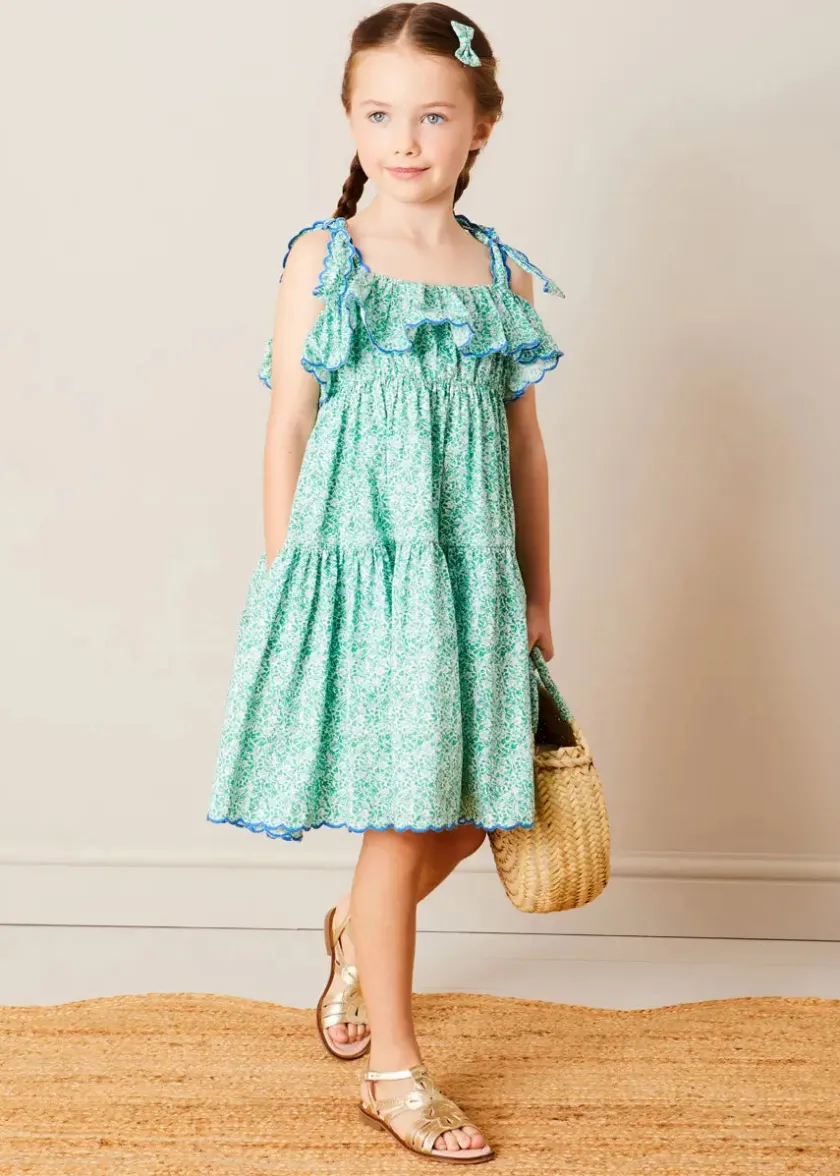 Up To 12 Years | Dresses | Pepa London Adelaide Floral Tiered Tie Strap Dress in Green (4-12yrs)