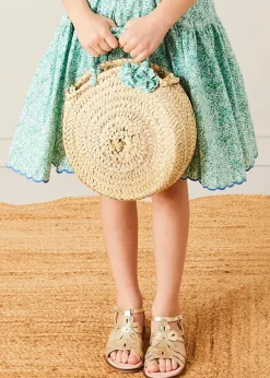 Lookbooks | Pepa London Adelaide Floral Tiered Tie Strap Dress in Green (4-12yrs) | Plain Cardigan in Navy (6mths-10yrs) | Metallic Strappy Leather Sandals in Gold (24-35EU) | Adelaide Floral Detail Raffia Bag in Green | Adelaide Floral Small Bow Hair Clip in Green