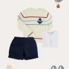 Lookbooks | Pepa London Anchor Motif Cable Detail Jumper in Beige (2-10yrs) | Button Detail Cotton Top in White (2-6yrs) | Classic Turn-up Hem Cotton Shorts in Navy (12mths-4yrs) | T-Bar Baby Shoes in Blue (20-26EU) | Cotton Short Socks Cream (0mths-10yrs)