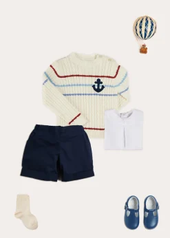 Lookbooks | Pepa London Anchor Motif Cable Detail Jumper in Beige (2-10yrs) | Button Detail Cotton Top in White (2-6yrs) | Classic Turn-up Hem Cotton Shorts in Navy (12mths-4yrs) | T-Bar Baby Shoes in Blue (20-26EU) | Cotton Short Socks Cream (0mths-10yrs)