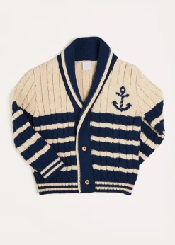 Knitwear & Cardigans | Knitwear & Cardigans | Pepa London Anchor Motif Striped Cable Knit Cardigan in Navy (2-10yrs)