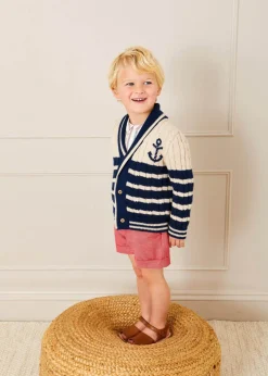 Knitwear & Cardigans | Knitwear & Cardigans | Pepa London Anchor Motif Striped Cable Knit Cardigan in Navy (2-10yrs)