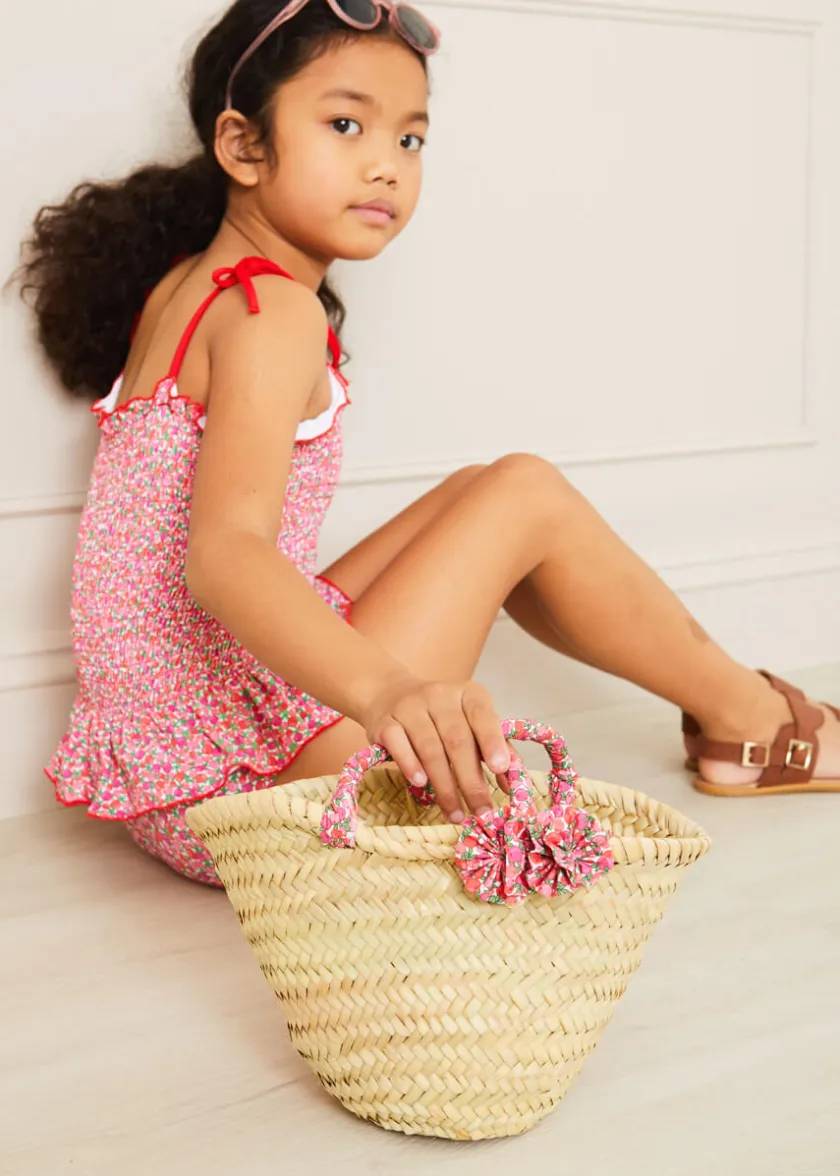 Swimwear | Swimwear | Pepa London Annie Floral Print Bow Detail Straw Bag in Pink (S-M)
