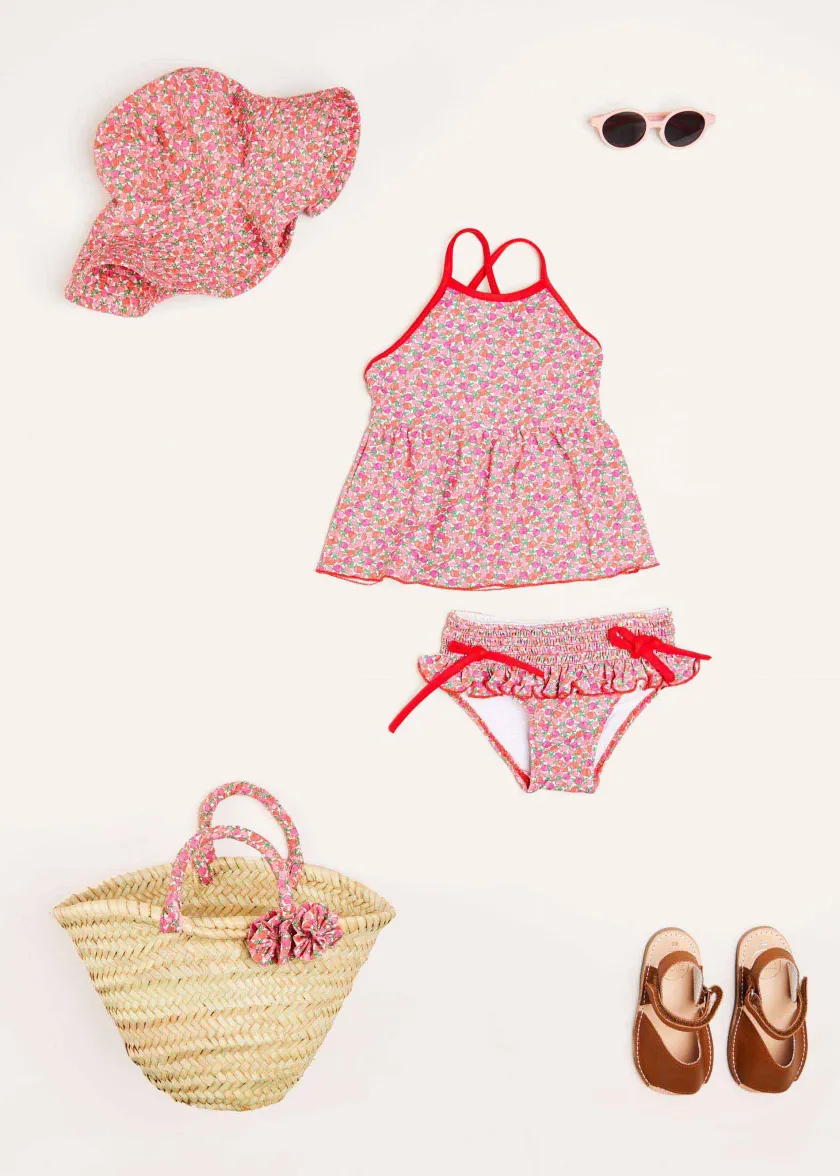 Swimwear | Swimwear | Pepa London Annie Floral Print Bow Detail Straw Bag in Pink (S-M)