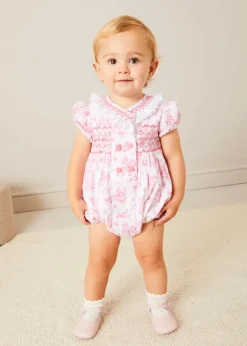 Lookbooks | Pepa London Audrey Hand Smocked Double Breasted Short Sleeve Romper in Pink (6mths-2yrs) | Audrey Toile Hand Smocked Bonnet in Pink (S-M) | Openwork Cotton Cardigan in Pink (6mths-10yrs) | Mary Jane Pram Shoes in Pink (17-20EU) | Openwork short socks White (0mths-8yrs)