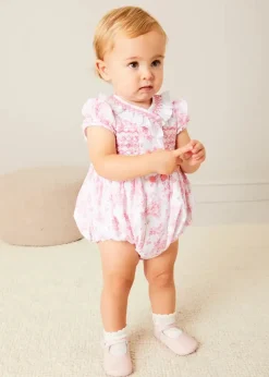 Rompers | Rompers | Pepa London Audrey Hand Smocked Double Breasted Short Sleeve Romper in Pink (6mths-2yrs)