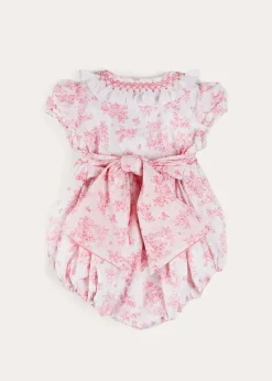 Rompers | Rompers | Pepa London Audrey Hand Smocked Double Breasted Short Sleeve Romper in Pink (6mths-2yrs)