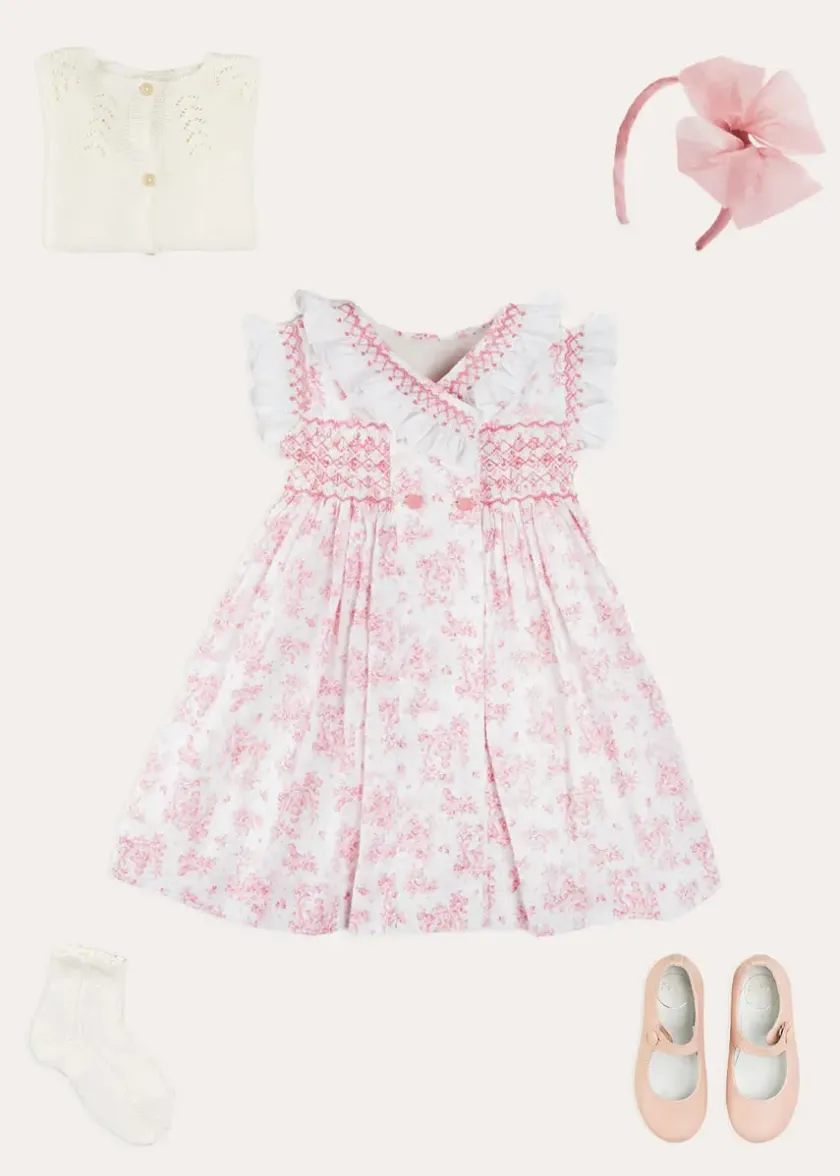 Lookbooks | Pepa London Audrey Toile Hand Smocked Double Breasted Sleeveless Dress in Pink (12mths-10yrs) | Peter Pan Collar Swing Coat in Pink (18mths-10yrs) | Openwork Cotton Cardigan in Cream (6mths-10yrs) | Leather Mary Jane Shoes in Pink (24-34EU) | Traditional Big Bow Tulle Hairband in Dusty Pink | Openwork short socks White (0mths-8yrs)