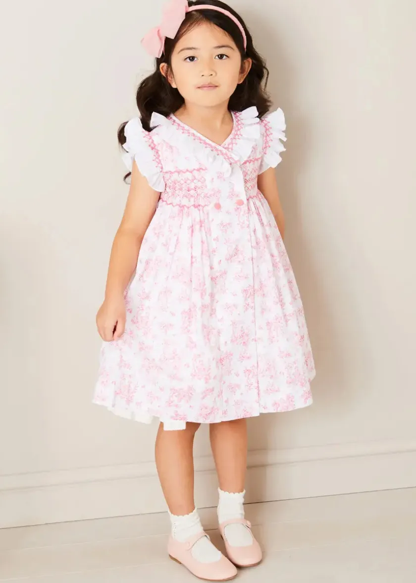 Lookbooks | Pepa London Audrey Toile Hand Smocked Double Breasted Sleeveless Dress in Pink (12mths-10yrs) | Peter Pan Collar Swing Coat in Pink (18mths-10yrs) | Openwork Cotton Cardigan in Cream (6mths-10yrs) | Leather Mary Jane Shoes in Pink (24-34EU) | Traditional Big Bow Tulle Hairband in Dusty Pink | Openwork short socks White (0mths-8yrs)