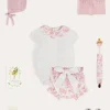 Lookbooks | Pepa London Audrey Toile Scallop Collar Short Sleeve Bodysuit in Pink (1mth-2yrs) | Audrey Toile Bow Detail Bloomers in Pink (1mth-2yrs) | Openwork Cotton Cardigan in Pink (6mths-10yrs) | Openwork Cotton Knitted Bonnet in Pink (S-L) | Mary Jane Pram Shoes in Pink (17-20EU) | Audrey Toile Dummy Clip in Pink | Openwork short socks White (0mths-8yrs)