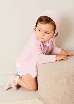 Lookbooks | Pepa London Audrey Toile Scallop Collar Short Sleeve Bodysuit in Pink (1mth-2yrs) | Audrey Toile Bow Detail Bloomers in Pink (1mth-2yrs) | Openwork Cotton Cardigan in Pink (6mths-10yrs) | Openwork Cotton Knitted Bonnet in Pink (S-L) | Mary Jane Pram Shoes in Pink (17-20EU) | Audrey Toile Dummy Clip in Pink | Openwork short socks White (0mths-8yrs)