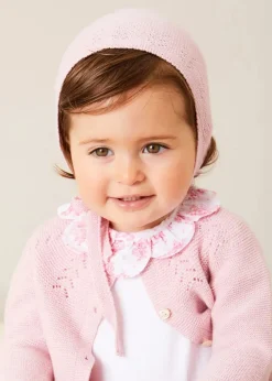 Lookbooks | Pepa London Audrey Toile Scallop Collar Short Sleeve Bodysuit in Pink (1mth-2yrs) | Audrey Toile Bow Detail Bloomers in Pink (1mth-2yrs) | Openwork Cotton Cardigan in Pink (6mths-10yrs) | Openwork Cotton Knitted Bonnet in Pink (S-L) | Mary Jane Pram Shoes in Pink (17-20EU) | Audrey Toile Dummy Clip in Pink | Openwork short socks White (0mths-8yrs)