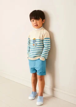 Lookbooks | Pepa London Balloon Intarsia Striped Jumper in Beige (12mths-6yrs) | Stafford Striped Mao Collar Long Sleeve Shirt in Yellow (12mths-10yrs) | Plain Elasticated Shorts in Blue (12mths-4yrs) | Canvas Plimsolls in Blue (20-35EU)