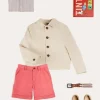 Lookbooks | Pepa London Beaufort Striped Mao Collar Long Sleeve Shirt in Blue (18mths-10yrs) | Plain Linen Shorts in Red (4-10yrs) | Lace Up Plimsolls in Taupe (24-35EU) | Beige Striped Belt | Tintin Book Set in Red