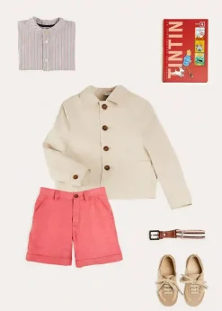Lookbooks | Pepa London Beaufort Striped Mao Collar Long Sleeve Shirt in Blue (18mths-10yrs) | Plain Linen Shorts in Red (4-10yrs) | Lace Up Plimsolls in Taupe (24-35EU) | Beige Striped Belt | Tintin Book Set in Red