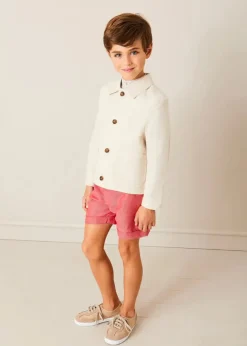 Lookbooks | Pepa London Beaufort Striped Mao Collar Long Sleeve Shirt in Blue (18mths-10yrs) | Plain Linen Shorts in Red (4-10yrs) | Lace Up Plimsolls in Taupe (24-35EU) | Beige Striped Belt | Tintin Book Set in Red