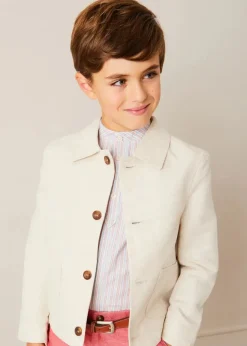 Lookbooks | Pepa London Beaufort Striped Mao Collar Long Sleeve Shirt in Blue (18mths-10yrs) | Plain Linen Shorts in Red (4-10yrs) | Lace Up Plimsolls in Taupe (24-35EU) | Beige Striped Belt | Tintin Book Set in Red