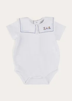 Bodysuits & Baby Grows | Pepa London Boat Embroidery Statement Collar Short Sleeve Bodysuit in White (3mths-2yrs)
