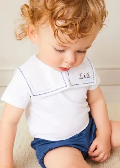 Bodysuits & Baby Grows | Pepa London Boat Embroidery Statement Collar Short Sleeve Bodysuit in White (3mths-2yrs)