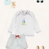 Lookbooks | Pepa London Boat Motif Long Sleeve Rashguard in Blue (2-6yrs) | Striped Contrast Trim Swim Shorts in Blue (2-10yrs) | Canvas Plimsolls in White (20-34EU) | Little Brother Beach Mouse Toy
