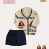Lookbooks | Pepa London Boat Motif Shawl Neck Nautical Cardigan in Beige (2-10yrs) | Lawrence Striped Mao Collar Long Sleeve Shirt in Red (18mths-10yrs) | Classic Turn-up Hem Cotton Shorts in Navy (12mths-4yrs) | Open Toe Leather Sandals in Brown (17-30EU)