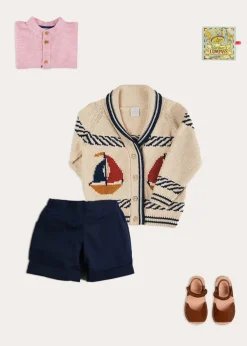 Lookbooks | Pepa London Boat Motif Shawl Neck Nautical Cardigan in Beige (2-10yrs) | Lawrence Striped Mao Collar Long Sleeve Shirt in Red (18mths-10yrs) | Classic Turn-up Hem Cotton Shorts in Navy (12mths-4yrs) | Open Toe Leather Sandals in Brown (17-30EU)