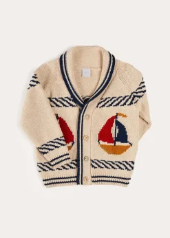 Knitwear & Cardigans | Pepa London Boat Motif Shawl Neck Nautical Cardigan in Beige (2-10yrs)