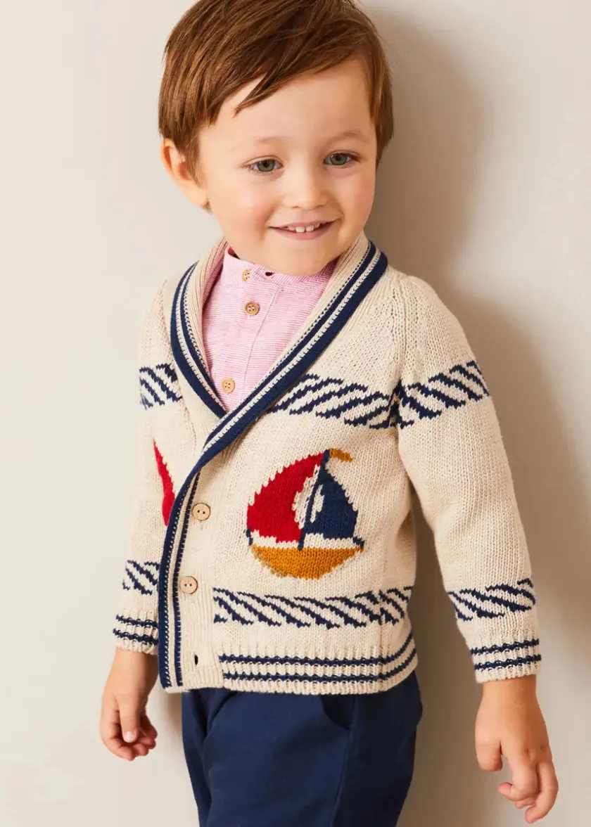 Knitwear & Cardigans | Pepa London Boat Motif Shawl Neck Nautical Cardigan in Beige (2-10yrs)