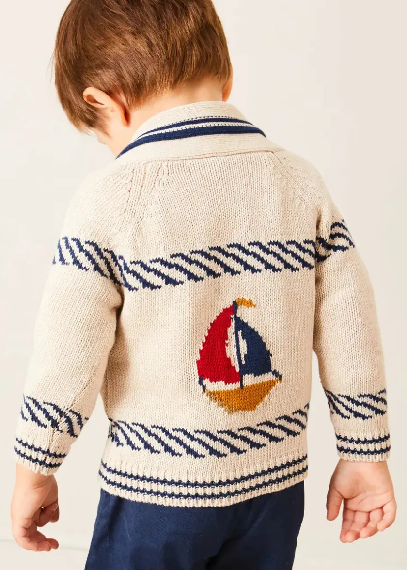 Knitwear & Cardigans | Pepa London Boat Motif Shawl Neck Nautical Cardigan in Beige (2-10yrs)