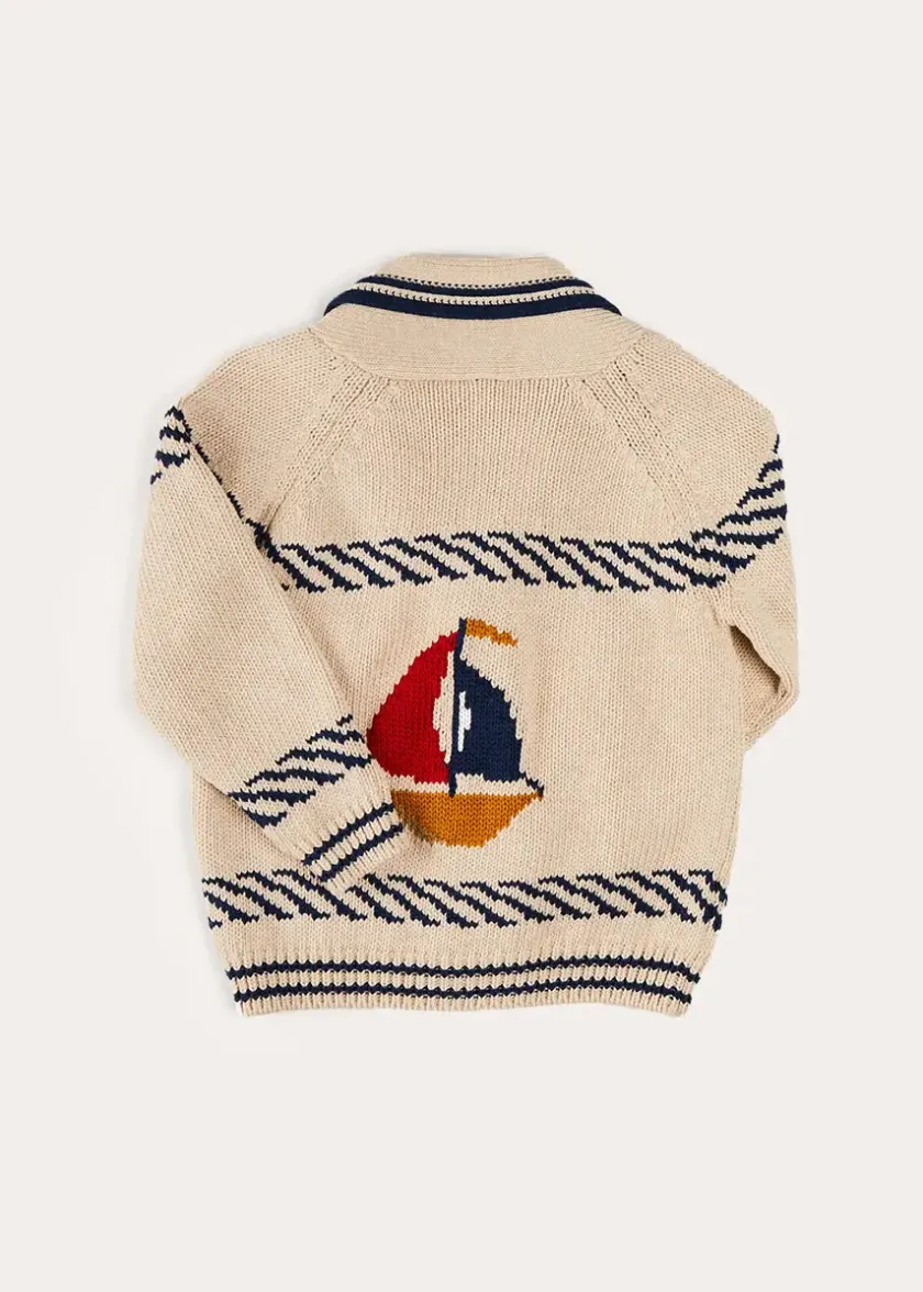 Knitwear & Cardigans | Pepa London Boat Motif Shawl Neck Nautical Cardigan in Beige (2-10yrs)