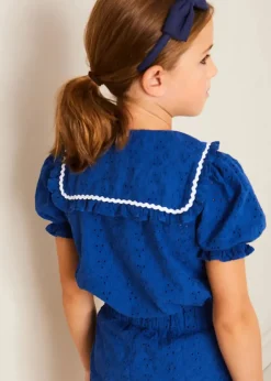 Lookbooks | Pepa London Broderie Anglaise Statement Collar Short Sleeve Blouse in Blue (4-12yrs) | Broderie Anglais Button Detail Shorts in Blue (4-12yrs) | Plain Cardigan in Navy (6mths-10yrs) | Openwork short socks White (0mths-8yrs) | Navy Linen Big Bow Hairband