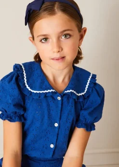 Up To 12 Years | Tops & Blouses | Pepa London Broderie Anglaise Statement Collar Short Sleeve Blouse in Blue (4-12yrs)