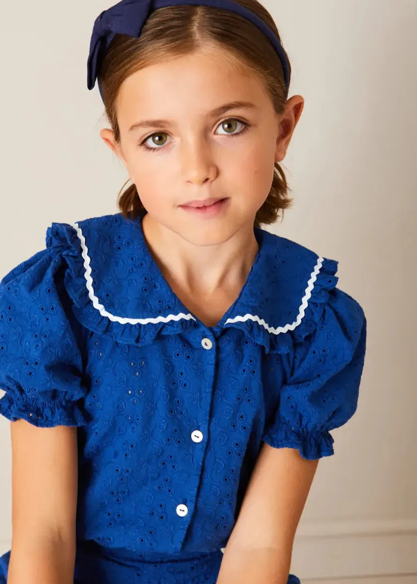 Up To 12 Years | Tops & Blouses | Pepa London Broderie Anglaise Statement Collar Short Sleeve Blouse in Blue (4-12yrs)