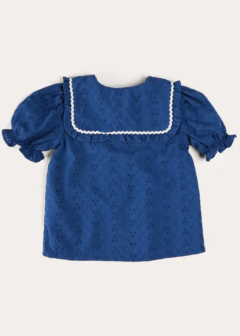 Up To 12 Years | Tops & Blouses | Pepa London Broderie Anglaise Statement Collar Short Sleeve Blouse in Blue (4-12yrs)