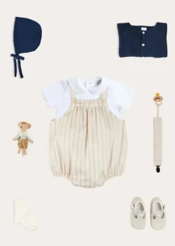 Lookbooks | Pepa London Brompton Stripe Romper in Beige (3mths-2yrs) | Openwork Knitted Bonnet in Navy (S-L) | Plain Cardigan in Navy (6mths-10yrs) | Peter Pan Collar Bodysuit in White (0mths-3yrs) | T-Bar Leather Pram Shoes in Ivory (17-20EU) | Ribbed Short Socks in Beige (0mths-10yrs) | Waterford Striped Dummy Clip in Beige