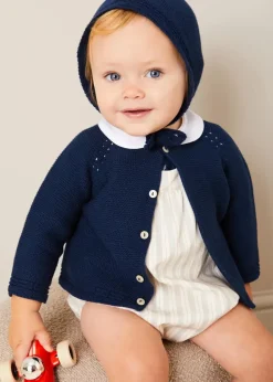 Lookbooks | Pepa London Brompton Stripe Romper in Beige (3mths-2yrs) | Openwork Knitted Bonnet in Navy (S-L) | Plain Cardigan in Navy (6mths-10yrs) | Peter Pan Collar Bodysuit in White (0mths-3yrs) | T-Bar Leather Pram Shoes in Ivory (17-20EU) | Ribbed Short Socks in Beige (0mths-10yrs) | Waterford Striped Dummy Clip in Beige