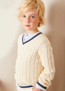 Knitwear & Cardigans | Knitwear & Cardigans | Pepa London Cable Knit V-Neck Jumper in Cream (4-10yrs)