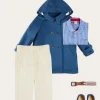 Lookbooks | Pepa London Carlisle Gingham Polo Collar Long Sleeve Shirt in Blue (4-10yrs) | Plain Pocket Detail Trousers in White (4-10yrs) | Double Breasted Coat With Detachable Hood in Blue (18mths-10yrs) | Suede Loafers in French Blue (25-34EU) | Beige Striped Belt