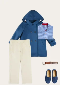 Lookbooks | Pepa London Carlisle Gingham Polo Collar Long Sleeve Shirt in Blue (4-10yrs) | Plain Pocket Detail Trousers in White (4-10yrs) | Double Breasted Coat With Detachable Hood in Blue (18mths-10yrs) | Suede Loafers in French Blue (25-34EU) | Beige Striped Belt