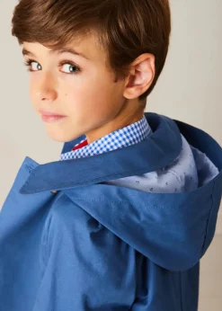 Lookbooks | Pepa London Carlisle Gingham Polo Collar Long Sleeve Shirt in Blue (4-10yrs) | Plain Pocket Detail Trousers in White (4-10yrs) | Double Breasted Coat With Detachable Hood in Blue (18mths-10yrs) | Suede Loafers in French Blue (25-34EU) | Beige Striped Belt